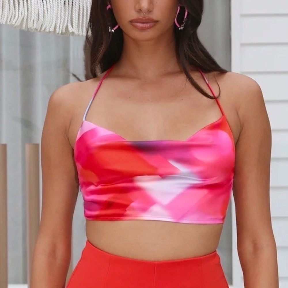 Hello Molly Crop Top New Sensations Multi Print Cowl Neck Chic Tied Up Sz XL NWT